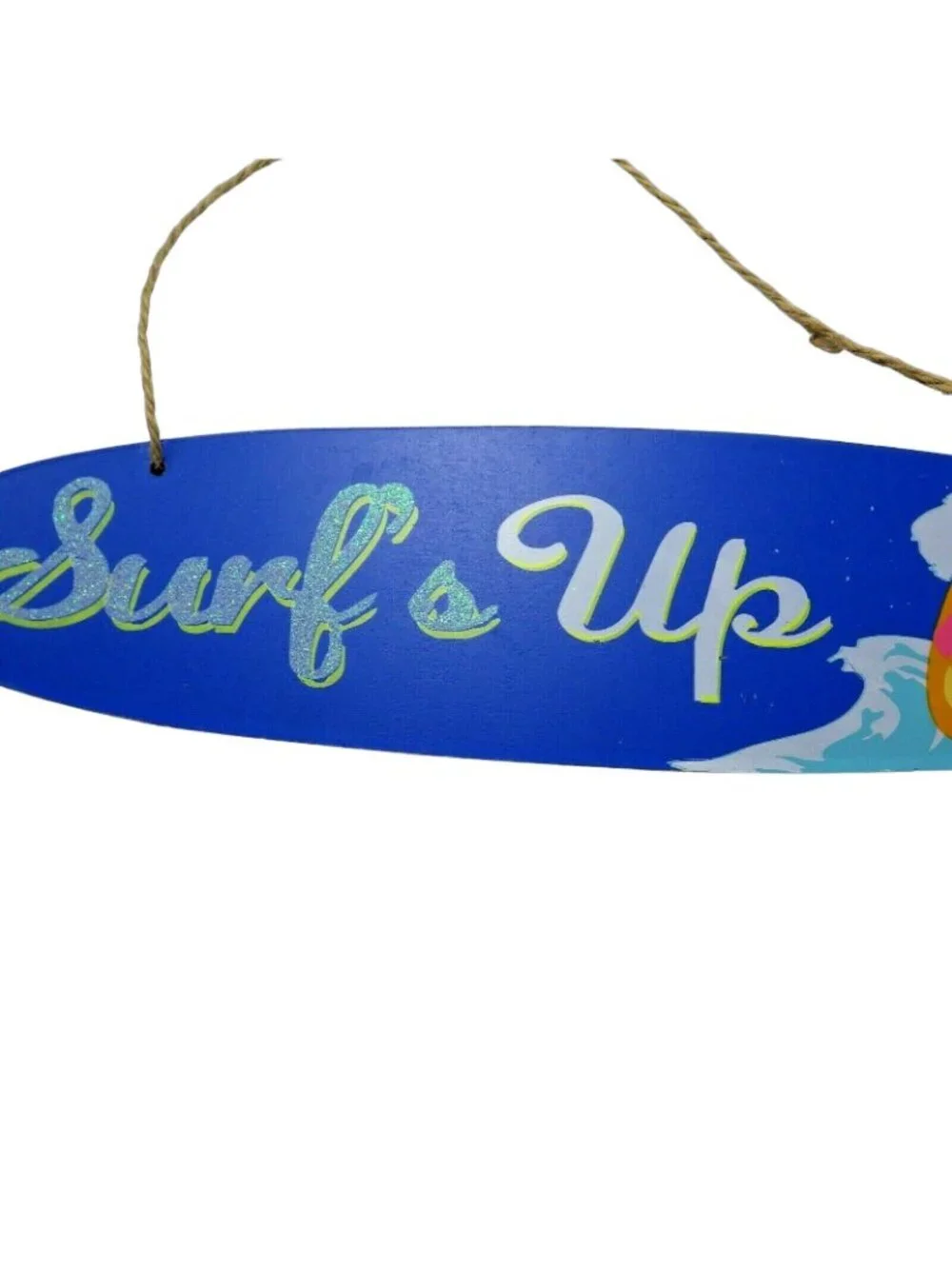 Surfs Up Surfboard Shape Sign Tropical Luau Tiki Coastal Blue Wood 16 inch